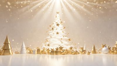 The primary subject of the image is a beautifully decorated Christmas tree. The tree is adorned with gold stars and is surrounded by a snowy environment. The setting is a white background, which adds to the festive atmosphere. The visual style of the image is a combination of photo and digital art, creating a stunning and realistic representation of the Christmas tree. The colors and mood of the image are predominantly white and gold, evoking a sense of warmth and celebration during the holiday season.